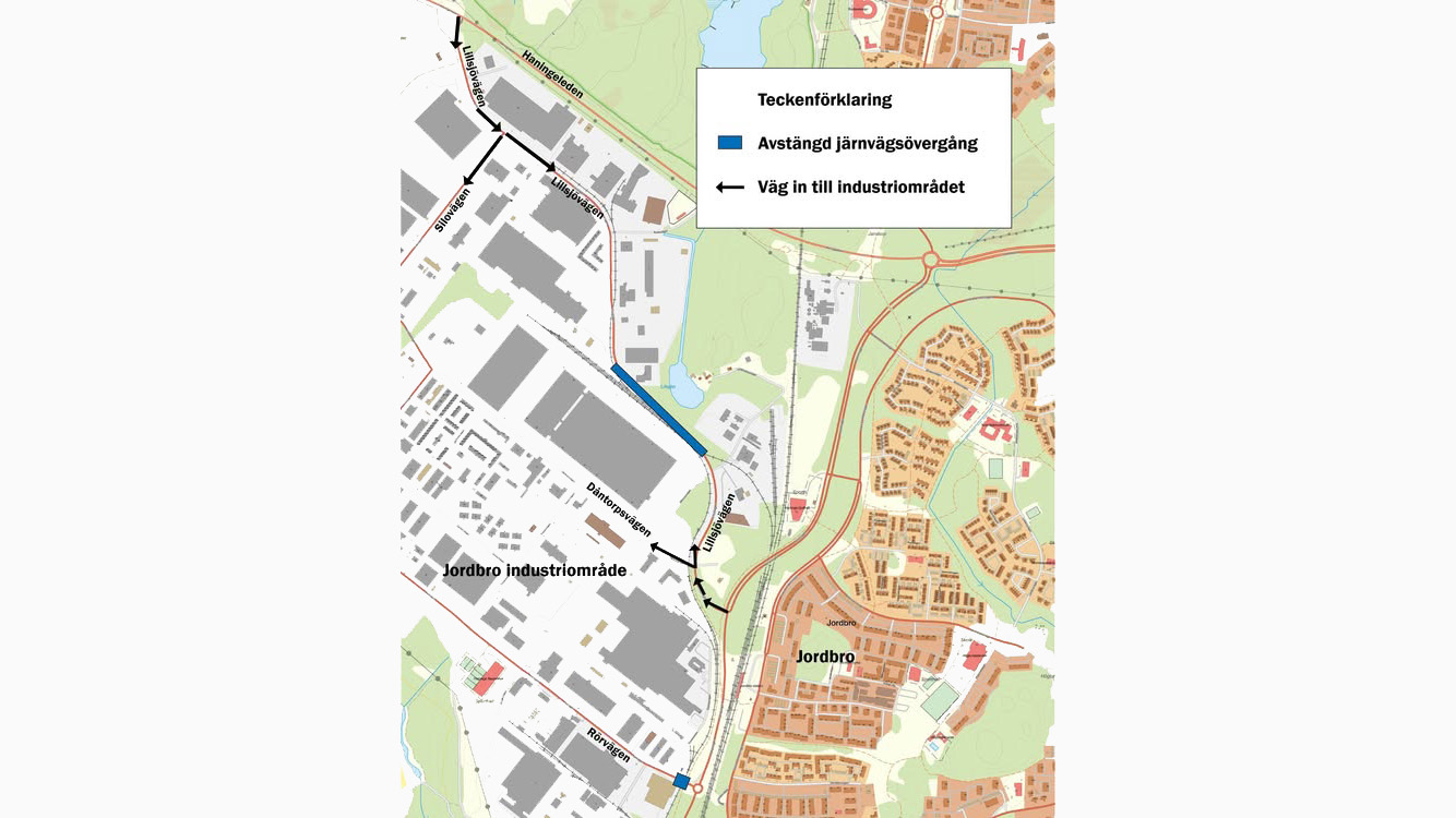 Karta som visar avstängda vägar och spårövergångar samt alternativa infarter från Dåntorpsvägen/Lillsjövägen samt Haningeleden
