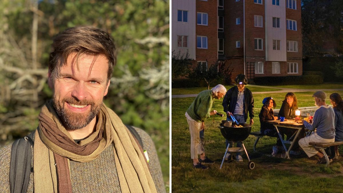 Porträtt av föreläsare utomhus samt en grupp personer som samlas runt en grill och bord i ett bostadsområde på kvällen.