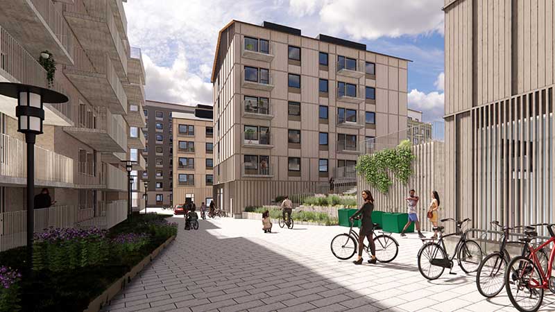 Illustration som visar kvarteret Spegeln med vy från Rudsjöterrassen.