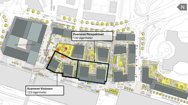 Karta med de nya kvarten inritade. 