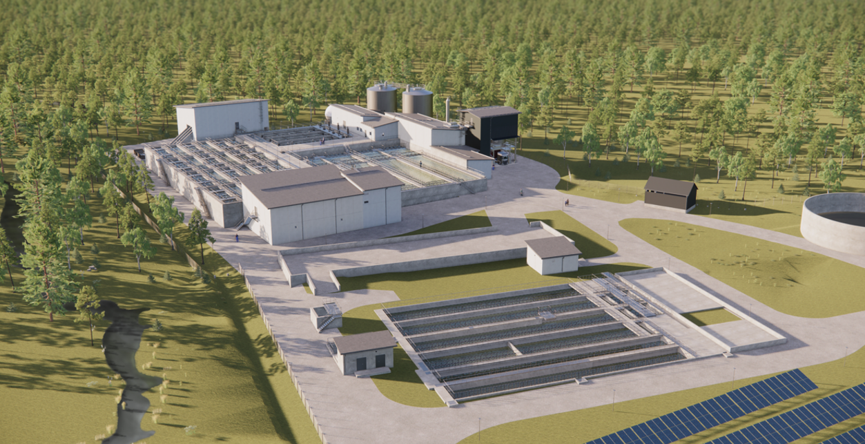 Illustration. Vy över Fors reningsverk med personalbyggnad, verkstad, förråd, solcellsanläggning och vattenbassänger.