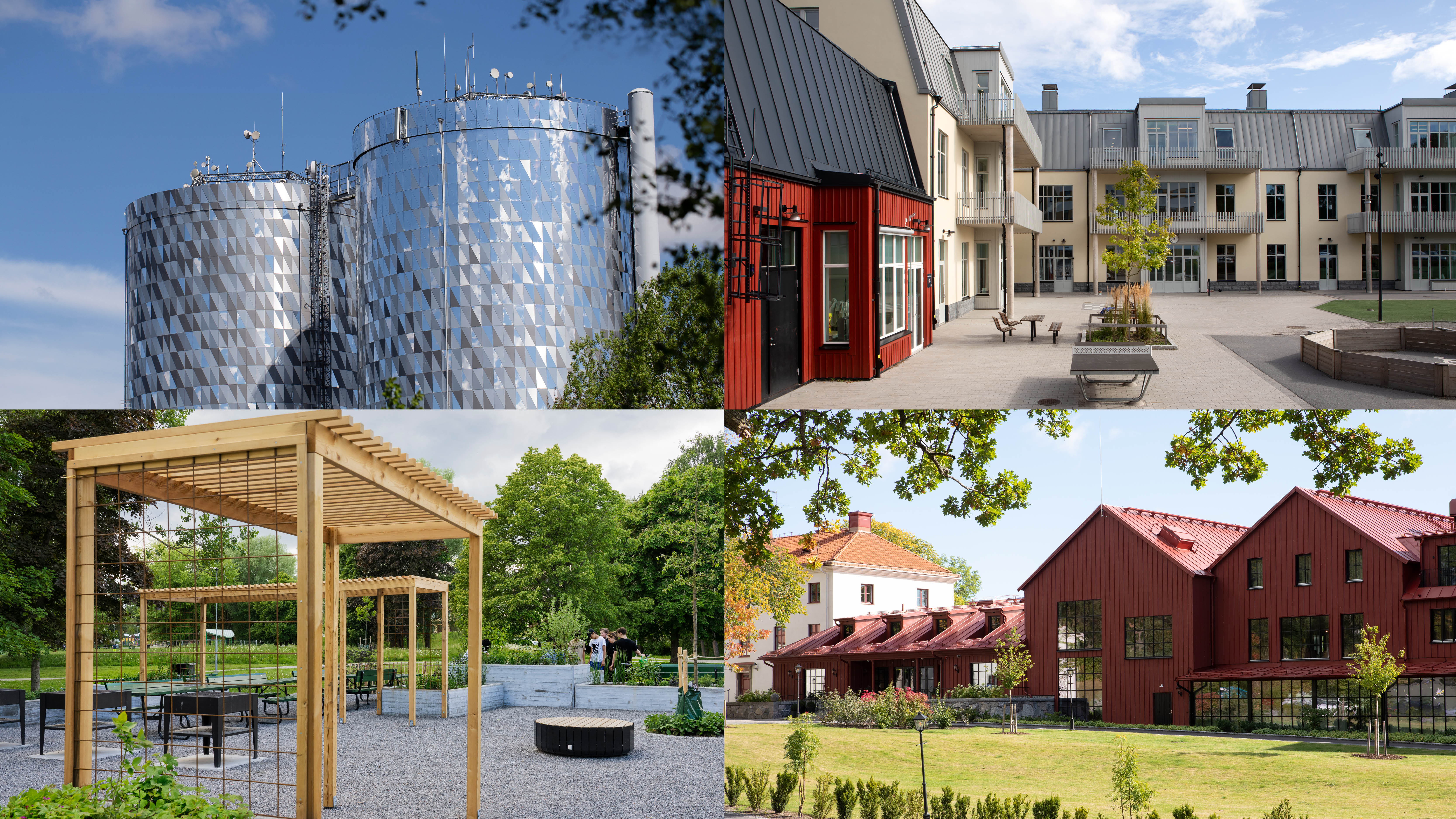 Fotokollage som visar några tidiga vinnare av Haninge arkitekturpris: Vattentornen i Handen, Lillgårdsskolan i Tungelsta, Köksträdgården i Jordbro och Smådalarögård