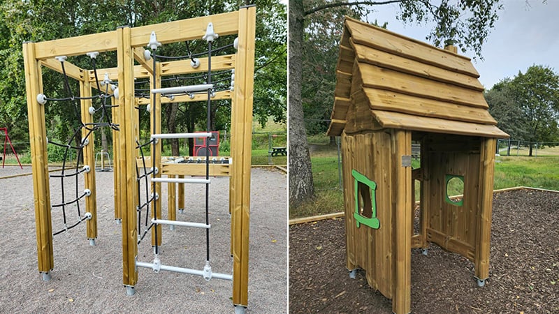 Mindre klätterställning och lekhus i trä