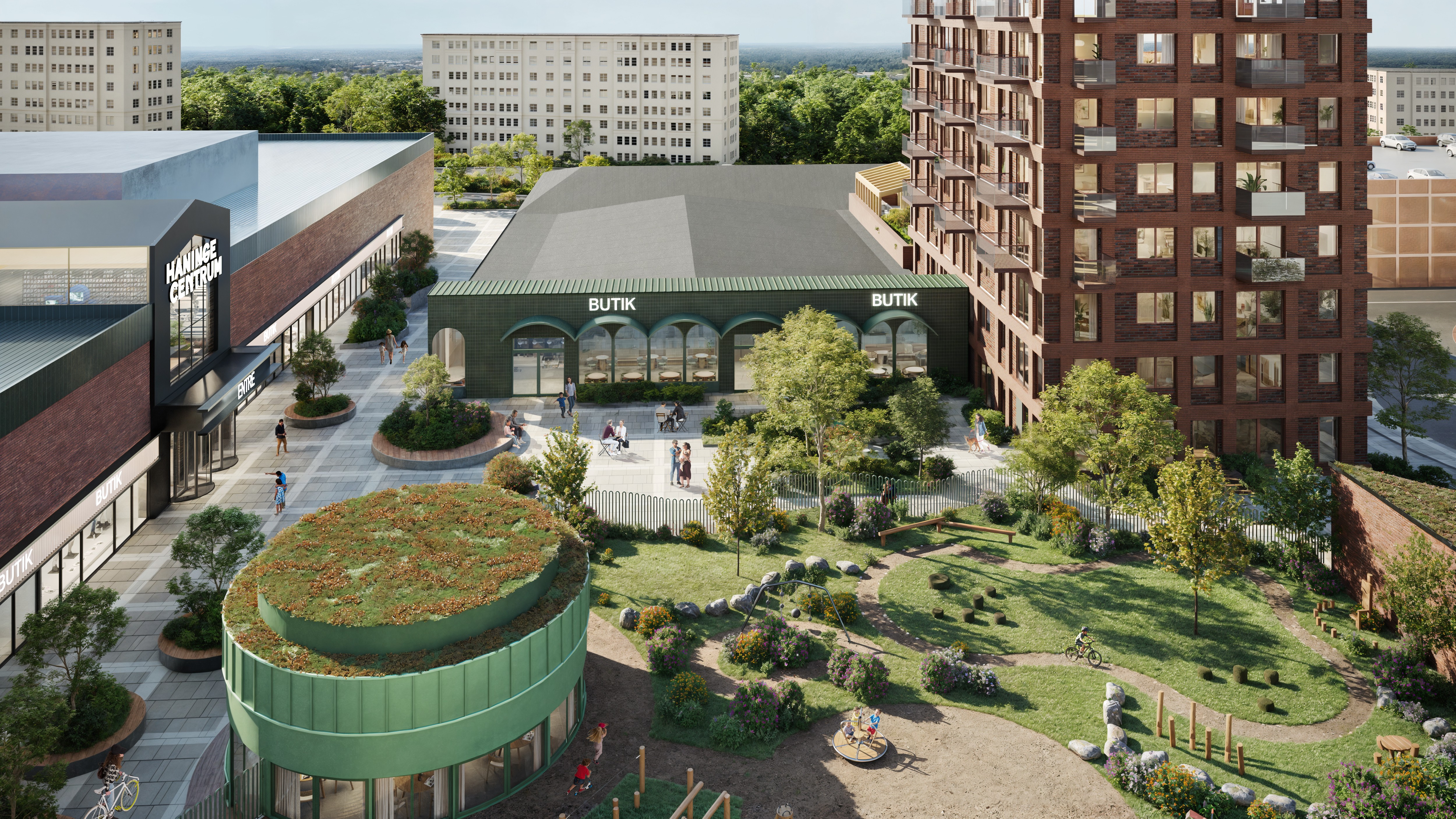 Visionsbild som visar ett torg mellan byggnader och en förskolegård med grönska.