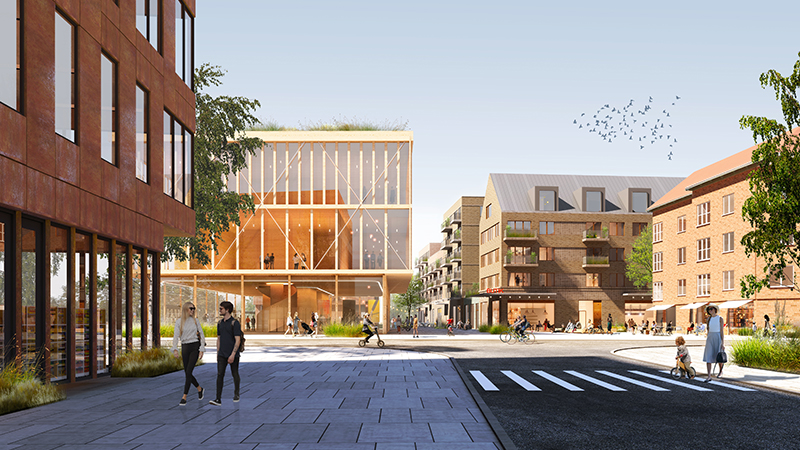 Visionsbild Södra kvarteren. Vy söder om korsningen S:a Jordbrovägen/Moränvägen