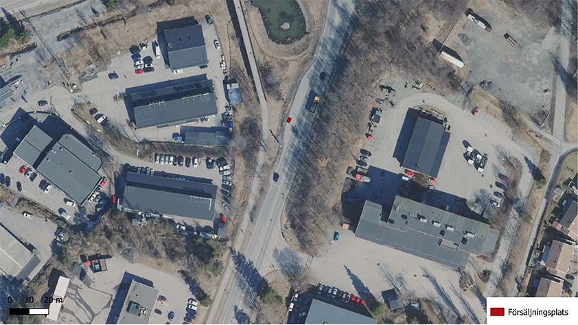 kartvy med försäljningsplats markerad på Söderbyleden vid brandstationen i Vendelsö